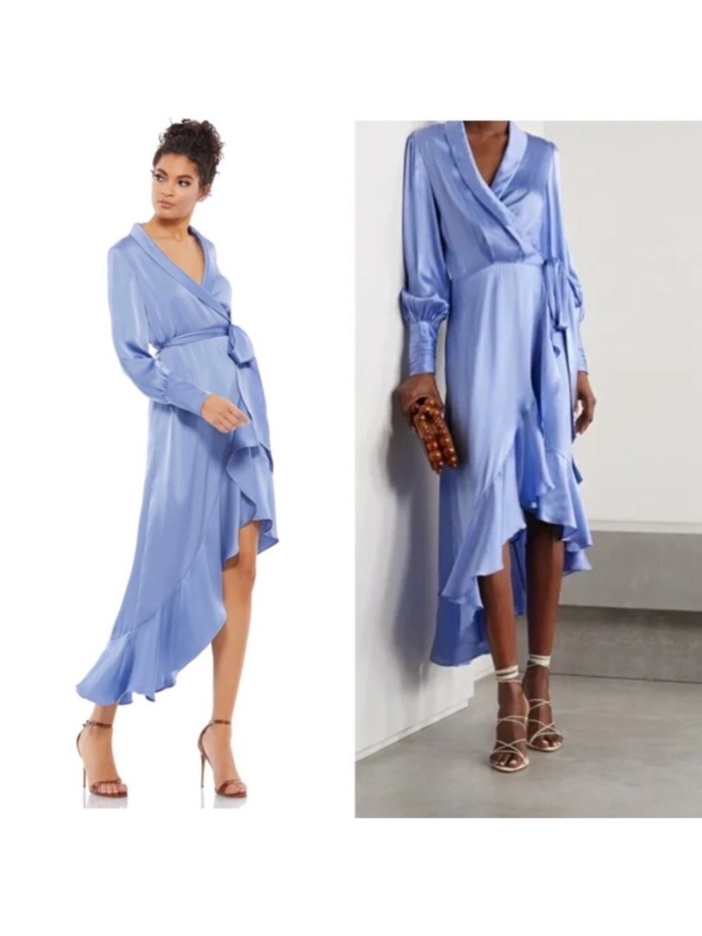 NEW Mac Duggal 12506 Long Sleeve Faux Wrap Midi Dress Satin Periwinkle Sz 2 NWT
